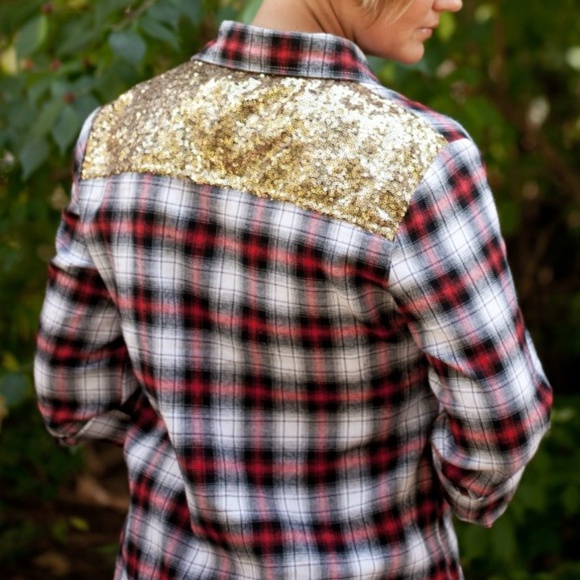 E2 Clothing Tops - Gold Sequin Plaid Flannel Button Down Shirt